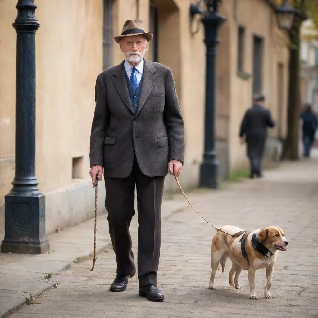 old elegant man walking his dog slave 