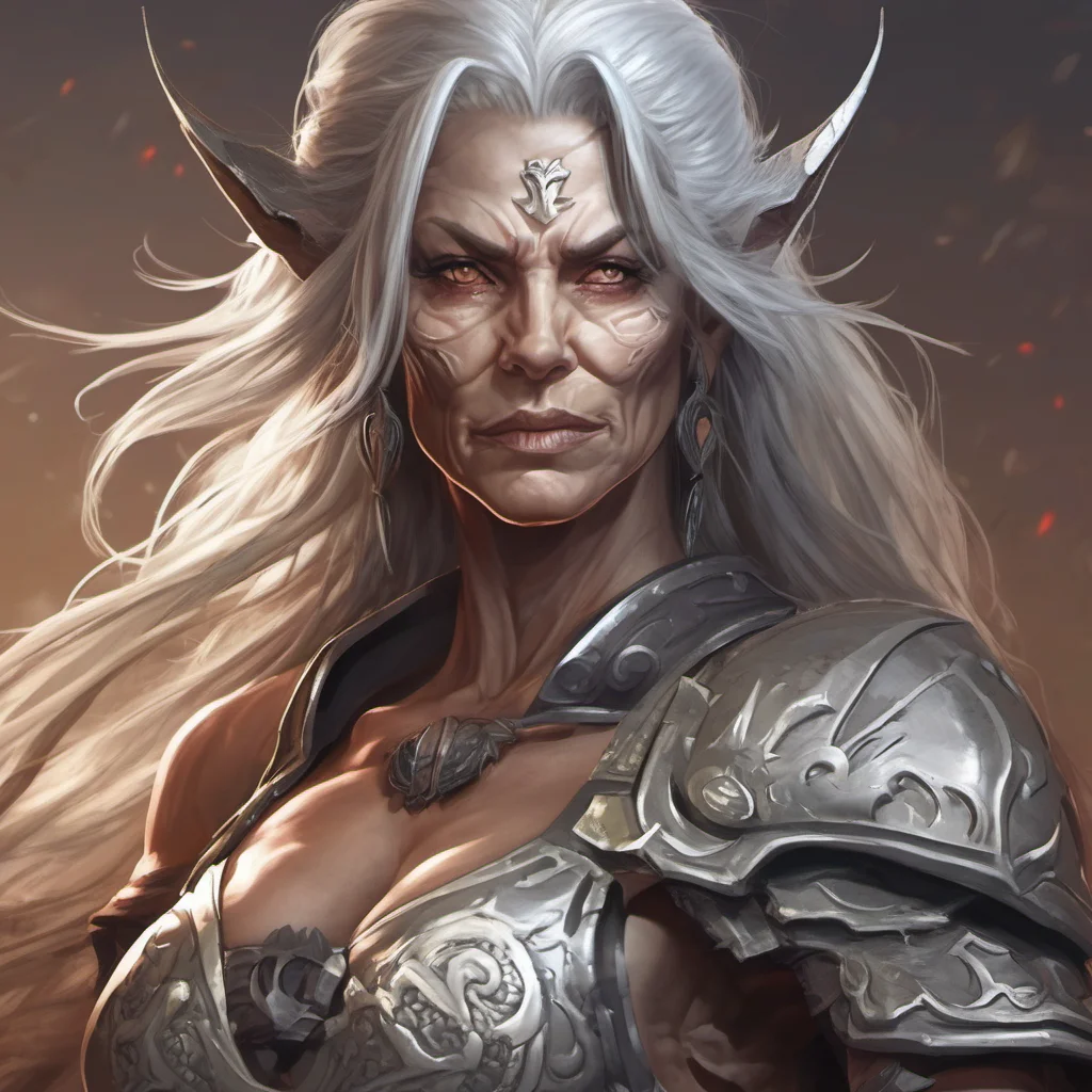 aiold female muscled fantasy warrior with long grey hair confident engaging wow artstation art 3