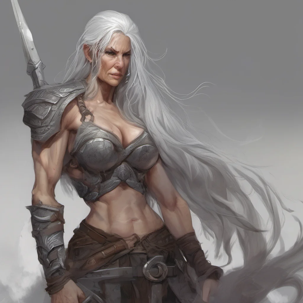 old female muscled fantasy warrior with long grey hair