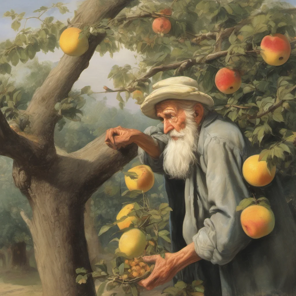 old man stealing fruit from a tree