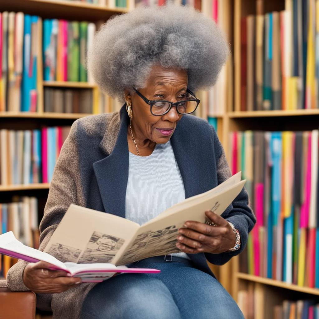 aiolder black woman reading a comic in a library amazing awesome portrait 2