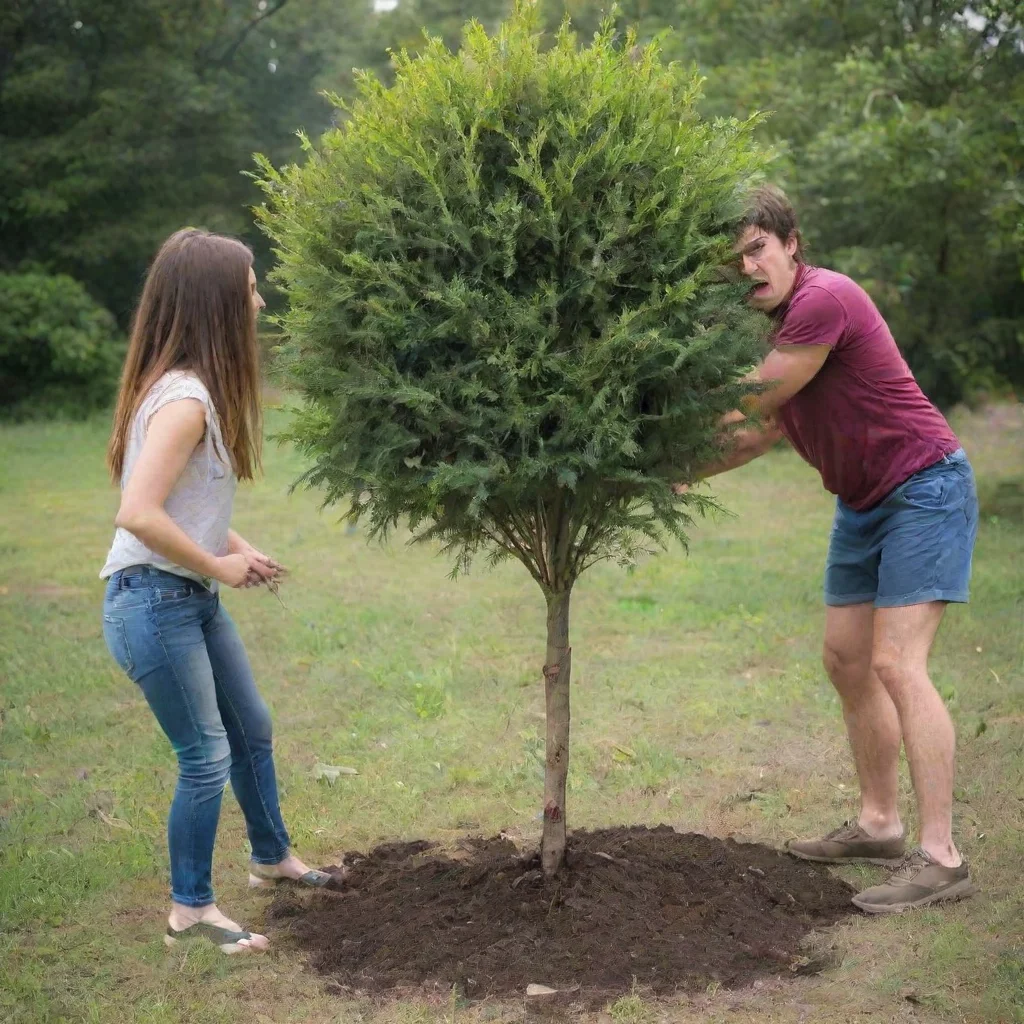 one guy and a girl planting a tree being angry