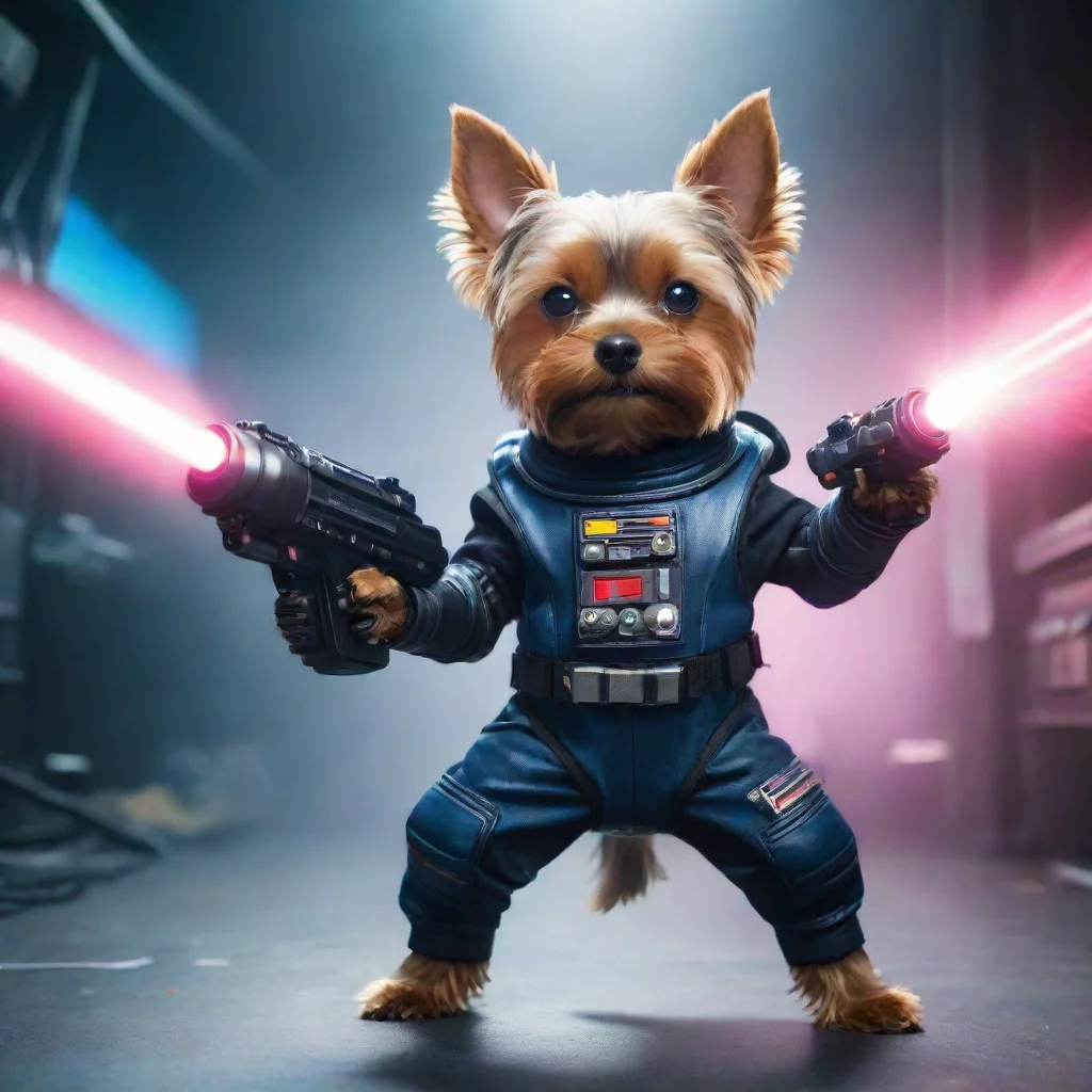 one yorkshire terrier in a cyberpunk space suit firing big weapon laser confident