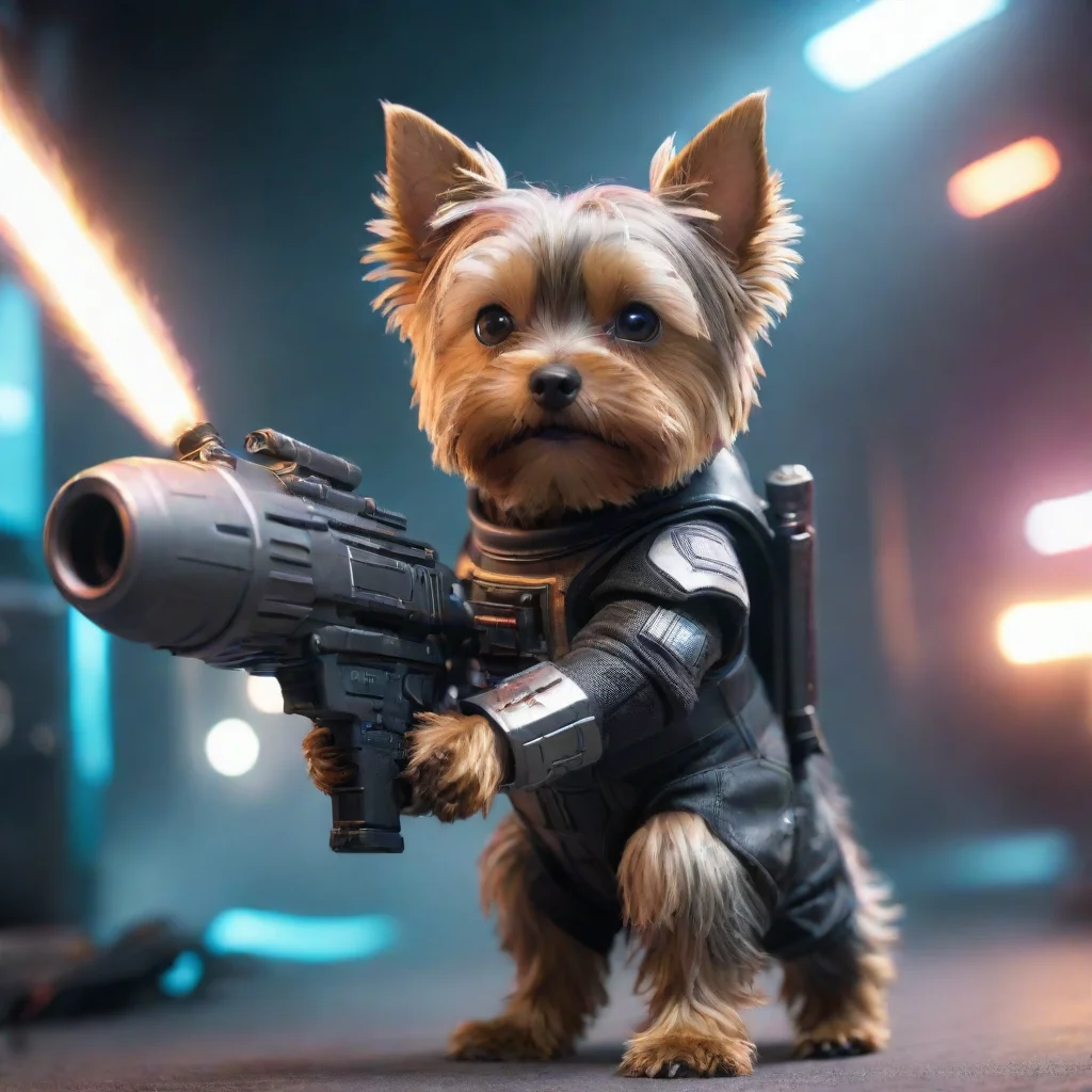 one yorkshire terrier in a cyberpunk space suit firing big weapon lot lighting confident engaging wow 3