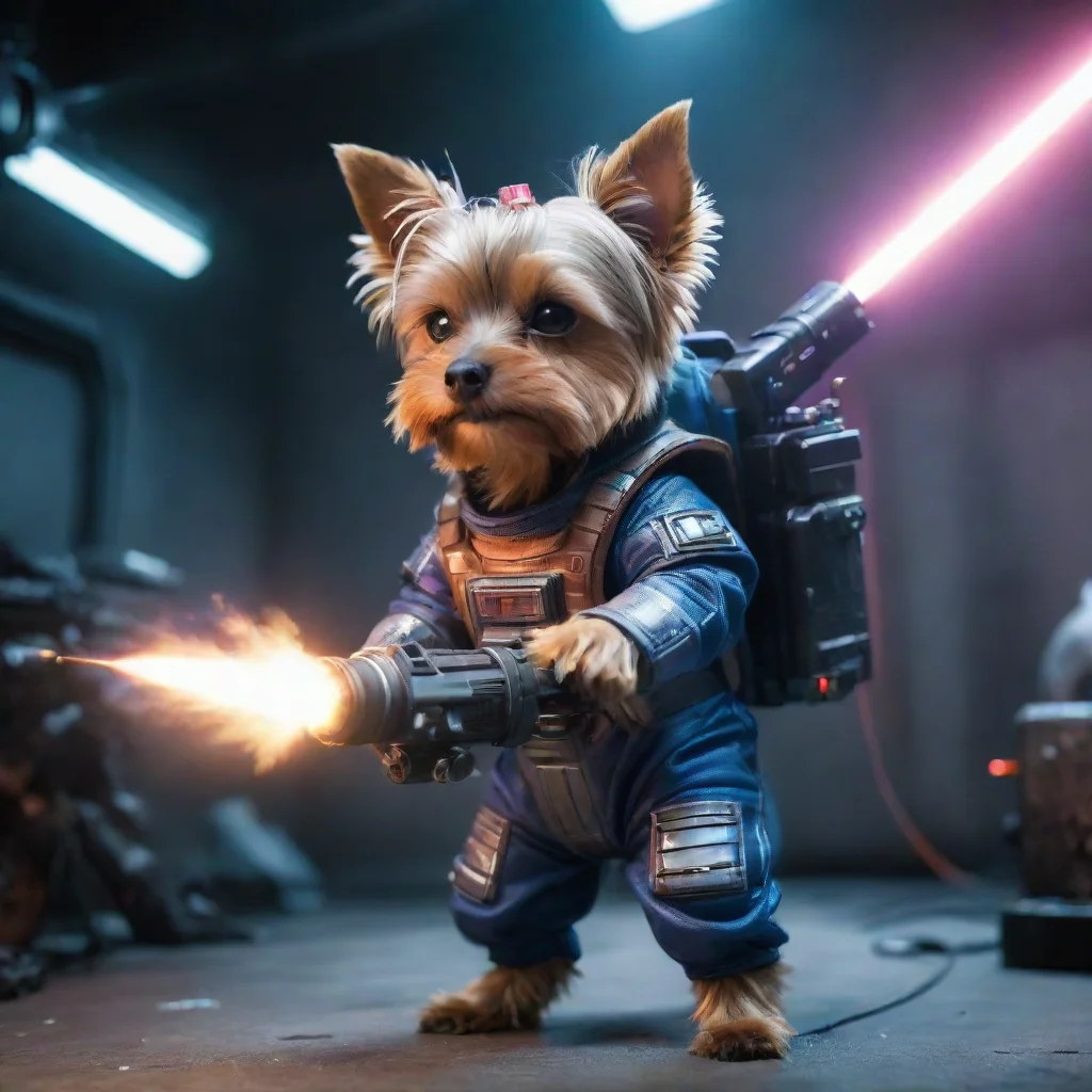 one yorkshire terrier in a cyberpunk space suit firing big weapon lot lighting