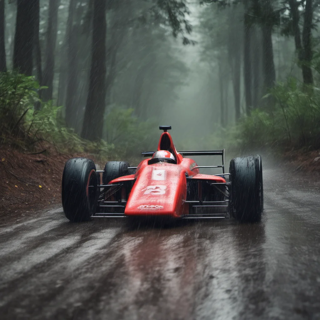 open wheel racing car in forest in the rain