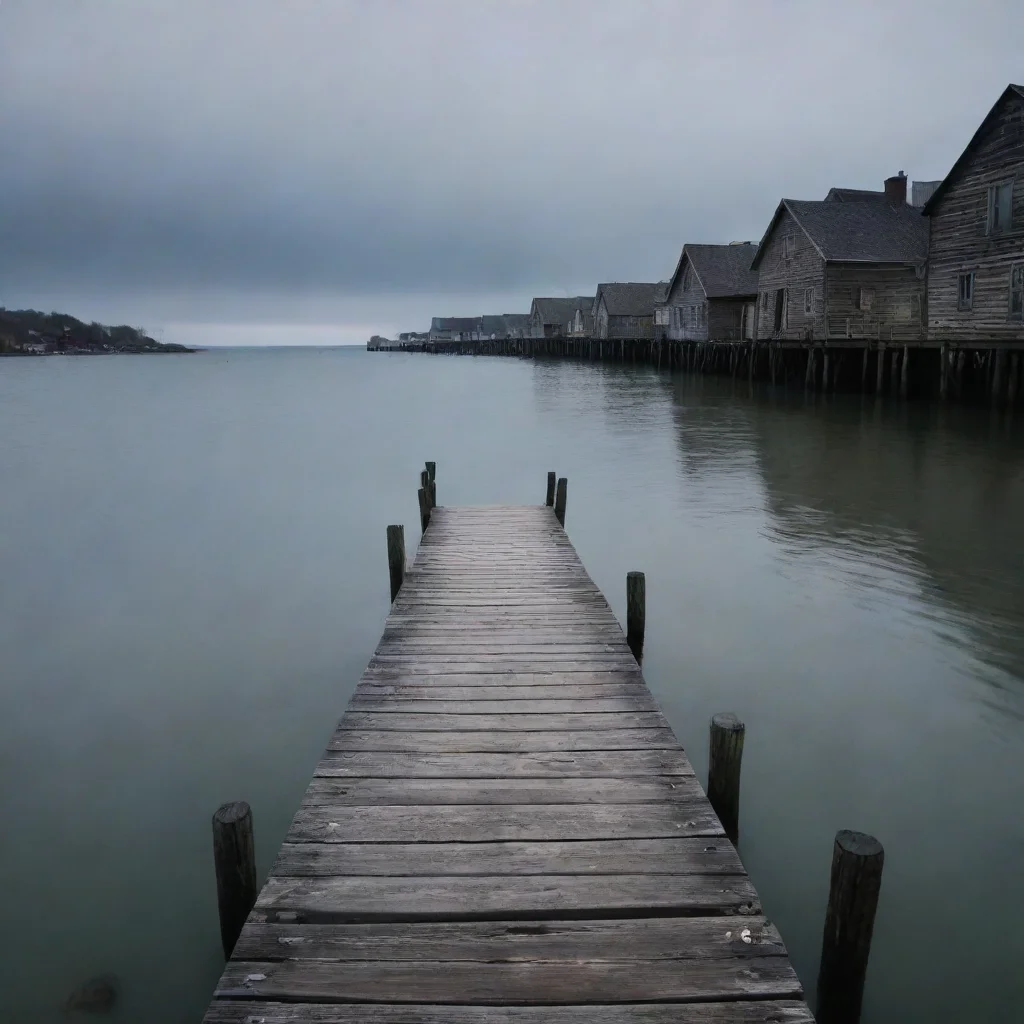 aiout at sea nearing a rundown wooden town%2C rundown dock shore hd spooky figure in distance