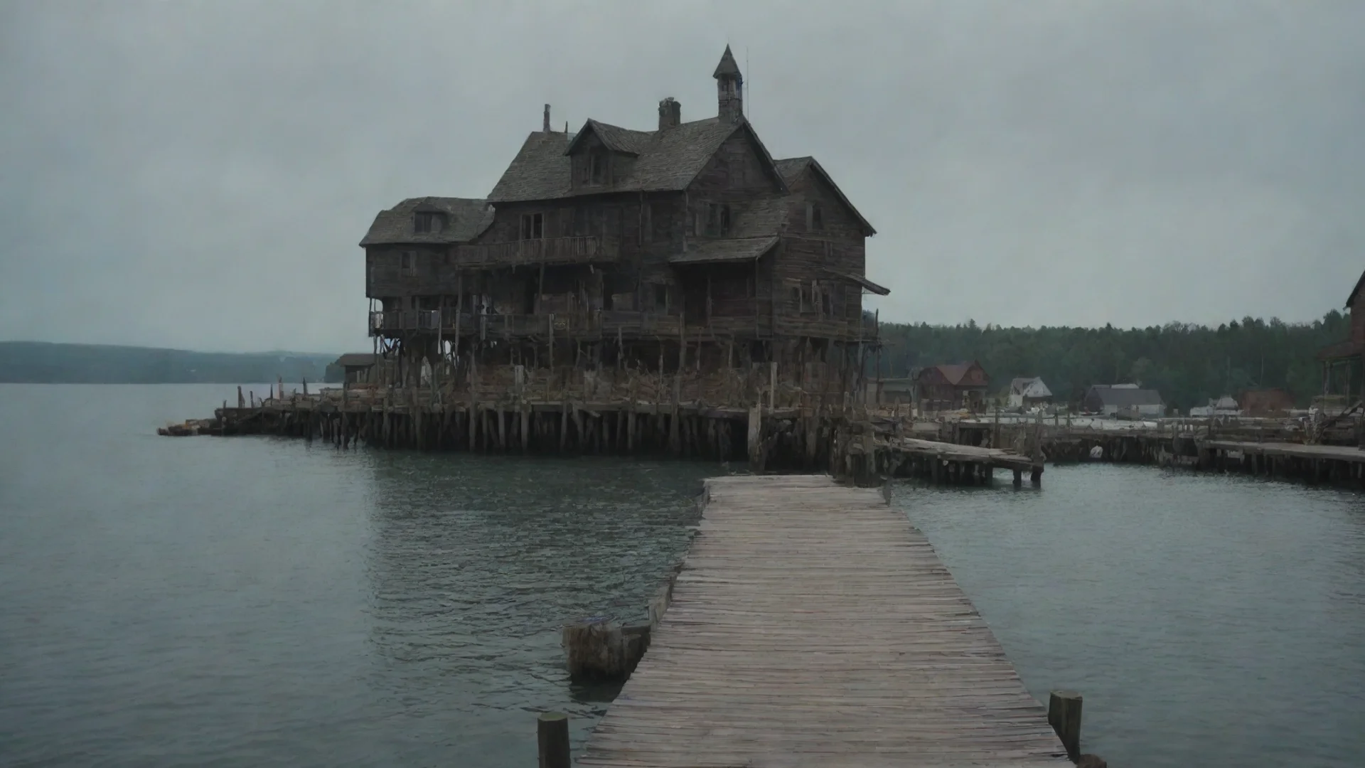 aiout at sea nearing a rundown wooden town%2C rundown scary figure on dock at shore hd wide