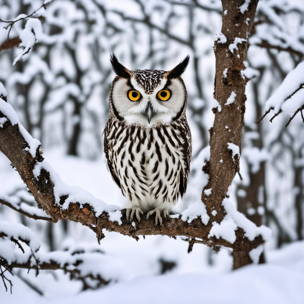 owl sits in tree in winter forest