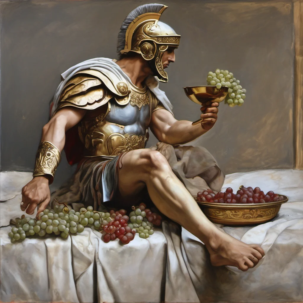 painting of a roman warrior sitting next to his galea helmet eating grapes from a brass bowl in the style of michelangelo