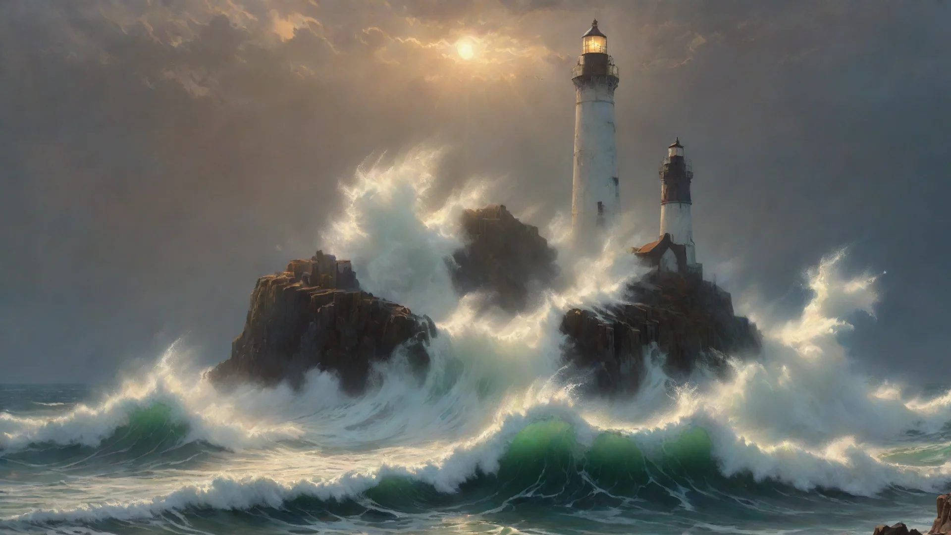 painting of waves crashing against tallrocks  lighthouse  dramatic lighting trending on artstation craig mullins magical atmosphere by renato muccillo a amazing wide