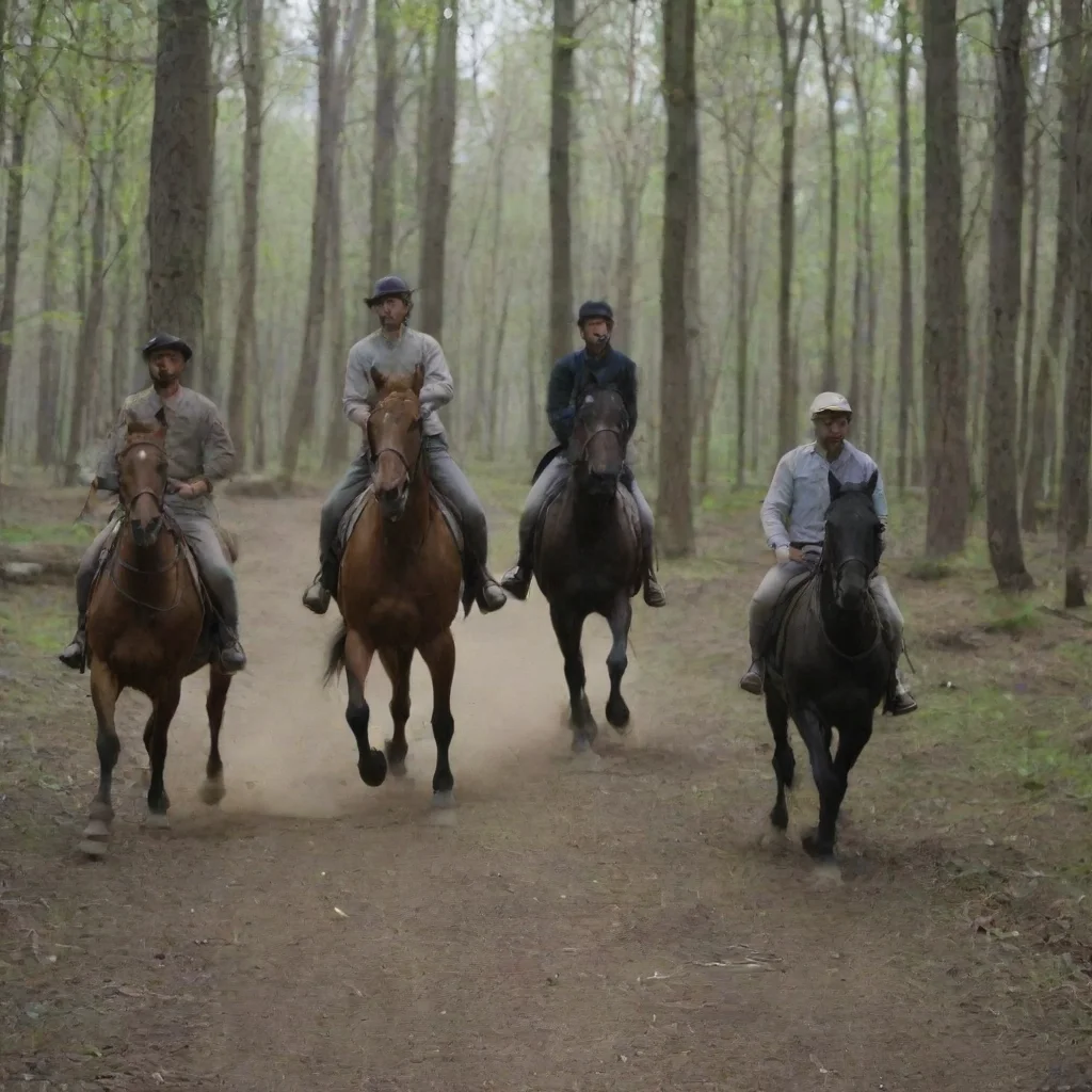 aipanchi three men at the riding school are talking%2C and a horse is running in the forest
