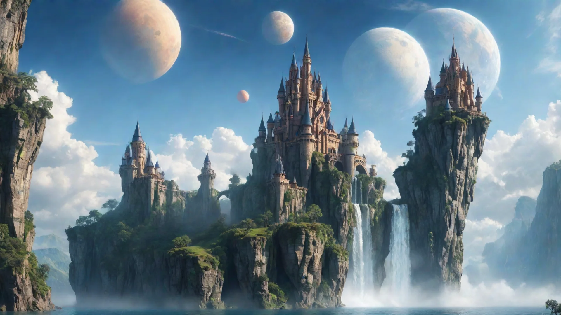 aipeaceful castle in sky epic floating castle on floating cliffs with waterfalls down beautiful sky with saturn planets wide