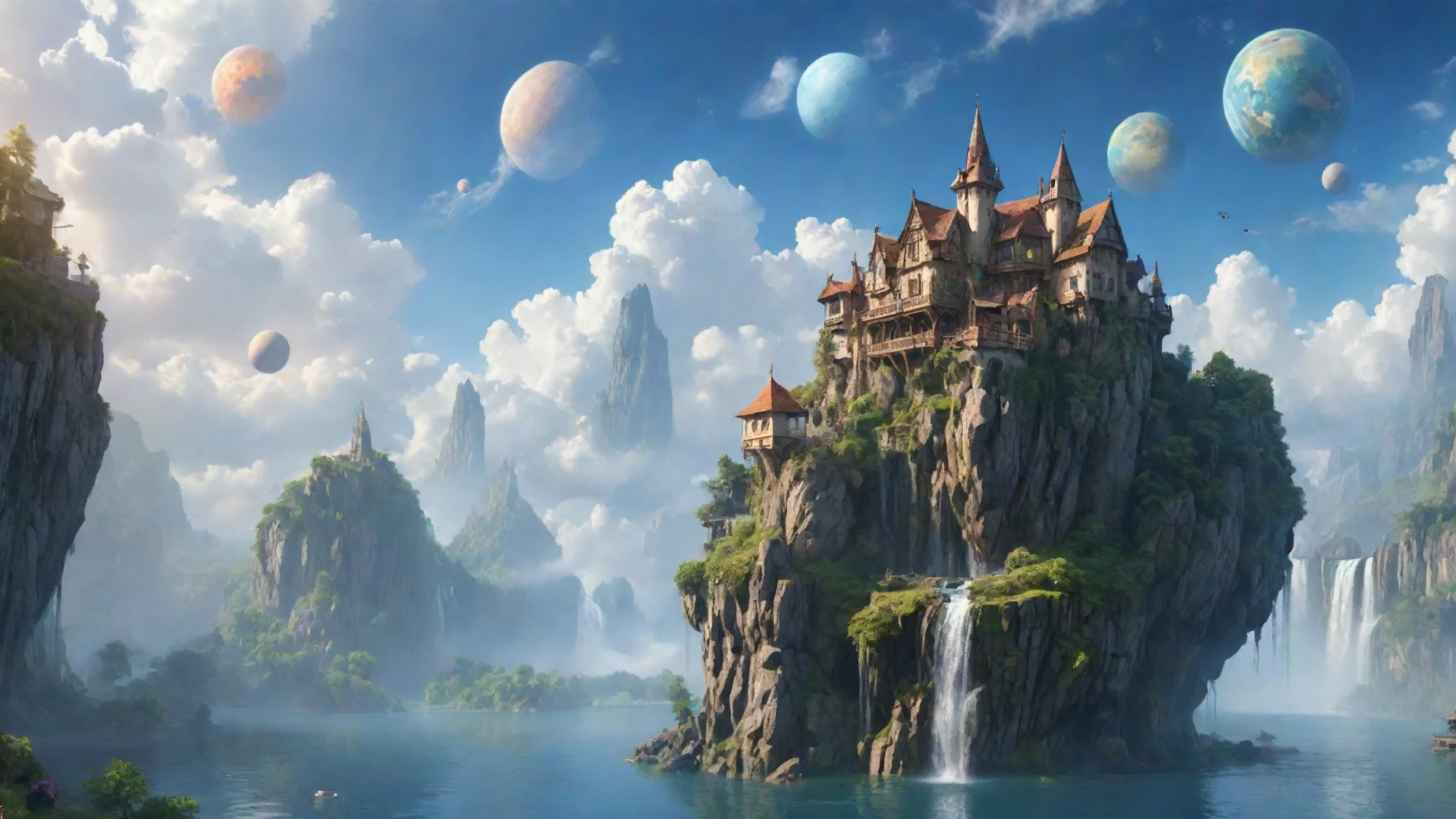 peaceful cottage in sky epic floating castle on floating cliffs with waterfalls down beautiful sky with planets wide