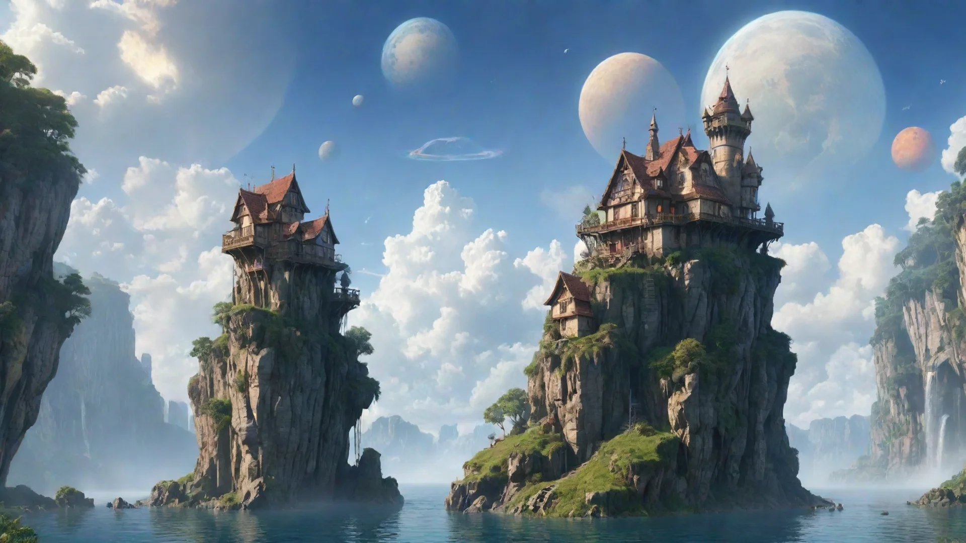 peaceful cottage in sky epic floating castle on floating cliffs with waterfalls down beautiful sky with saturn planets wide