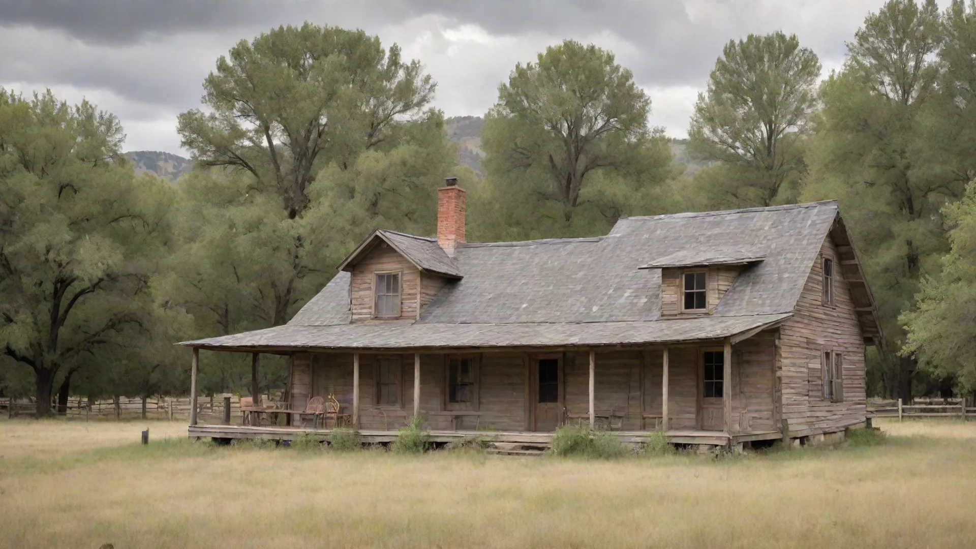 peaceful old timey ranch house in nature with no humans pictured wide