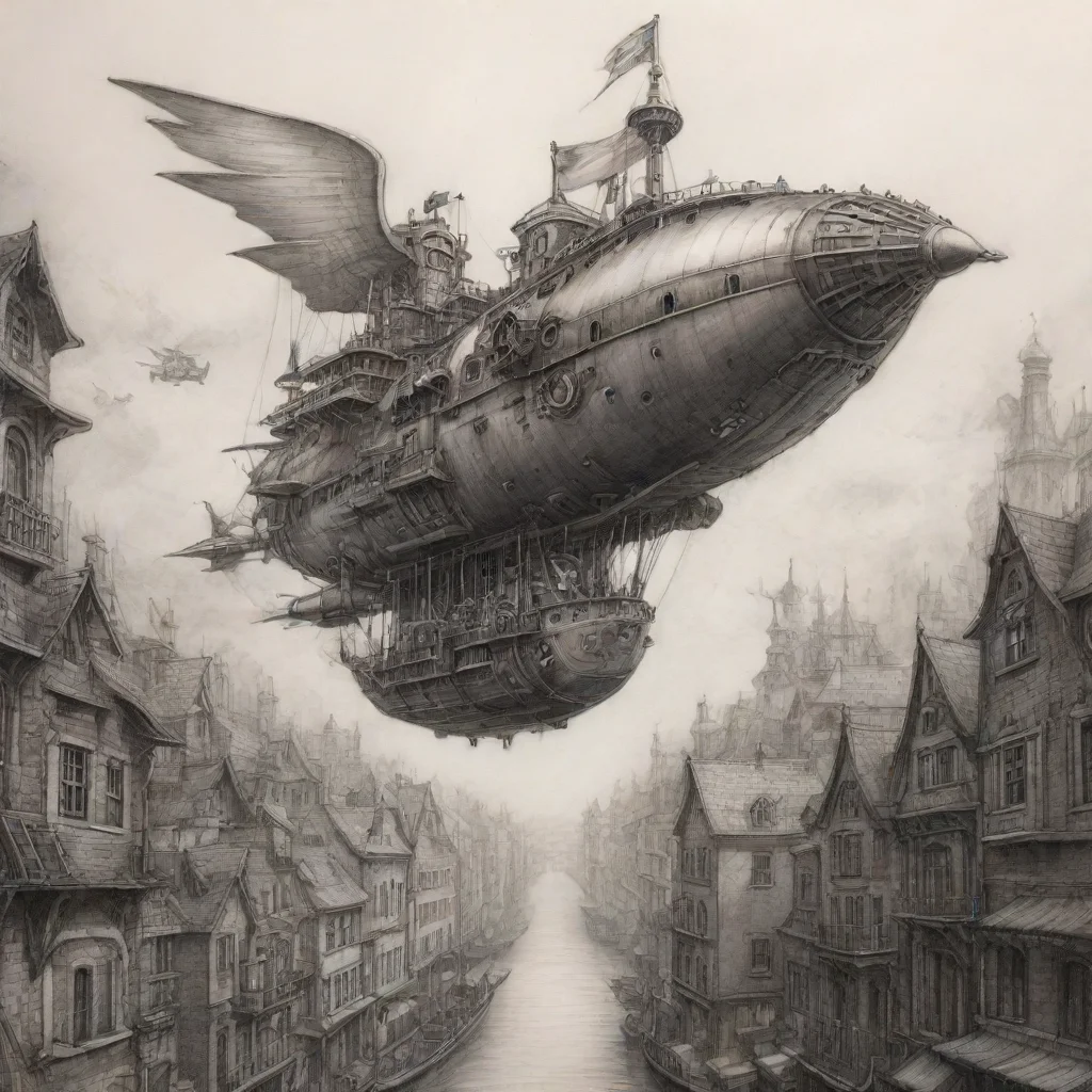 pencil sketch flying steampunk ship over steampunk city
