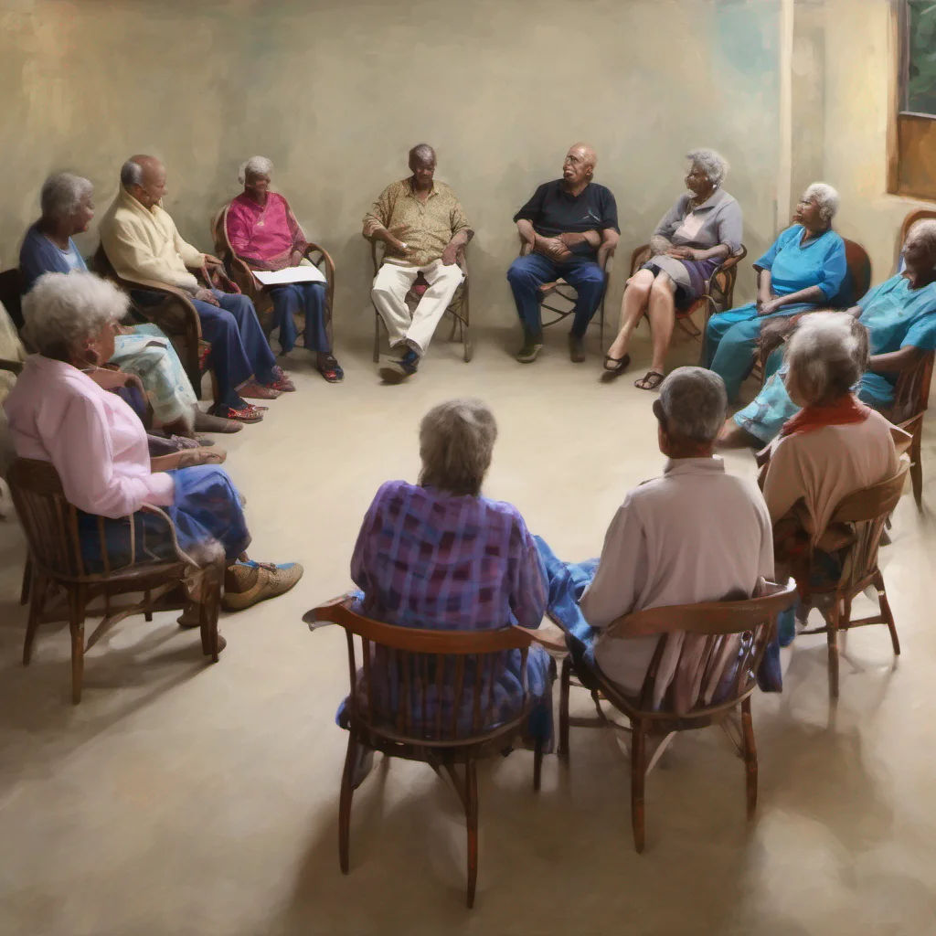 people at a self help group sitting in chairs in a circle real photographic impressionist