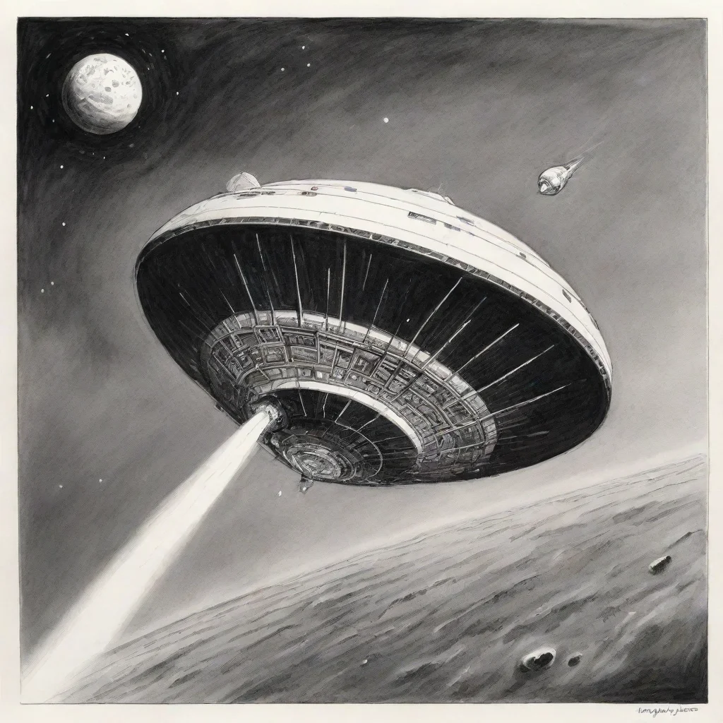 aiperry rhodan a spheric spaceship is flying in space%2C ink drawing