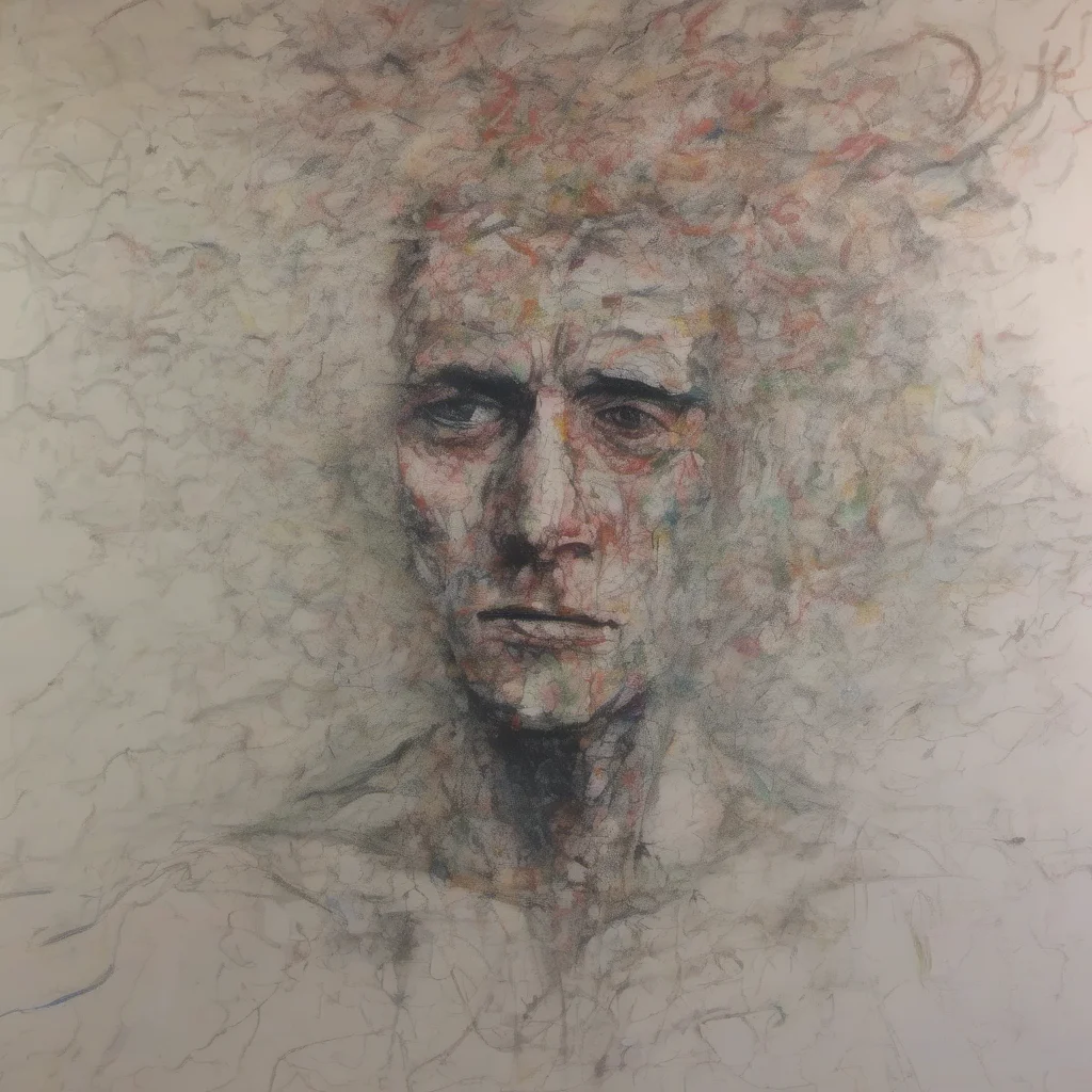aiperson at final stages of schizophrenia. he is in an asylum. his art is almost abstract 