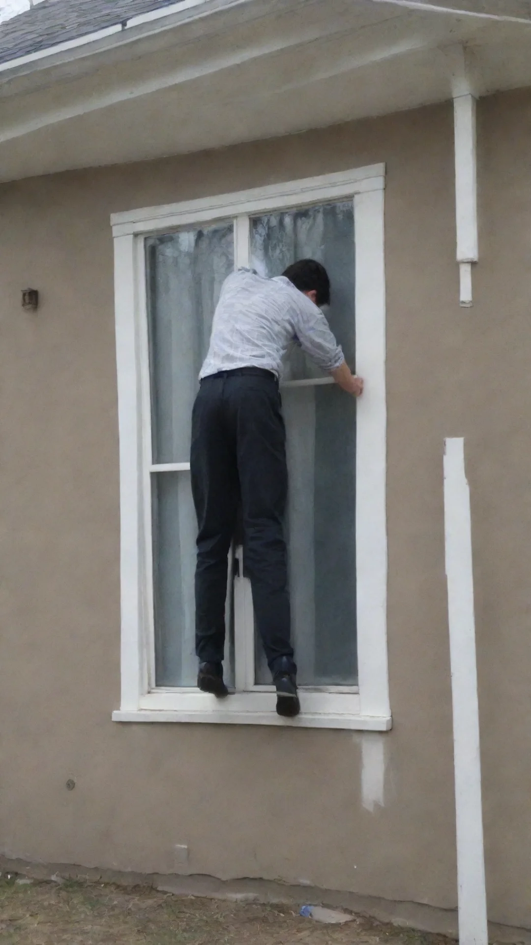 aiperson taller than their house%2C bending down to look into the second story window tall
