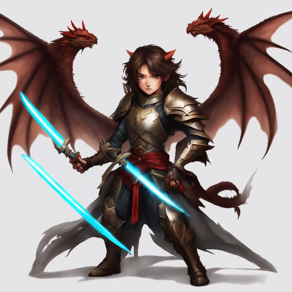 aiphilza protecting a small brown haired dragon hybrid%2C wings spread out%2C sword in hand 