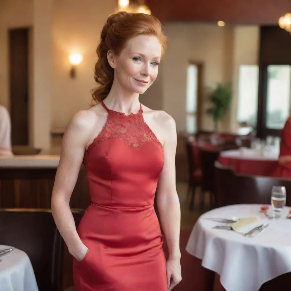photographic beauty graceful ginger mother in red dress at a restaurant