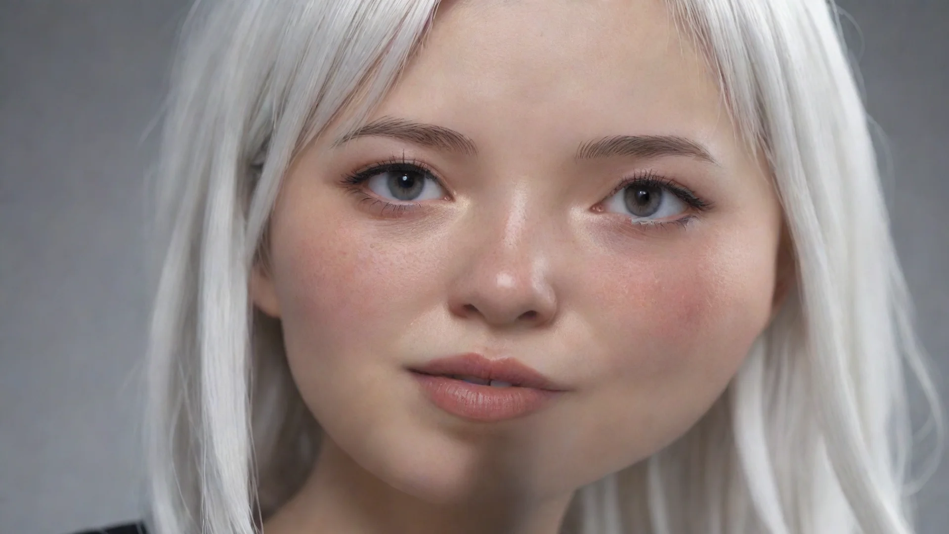 photorealistic portrait 4k sia with all white hair as cute young freckled asian goth with dimples wide