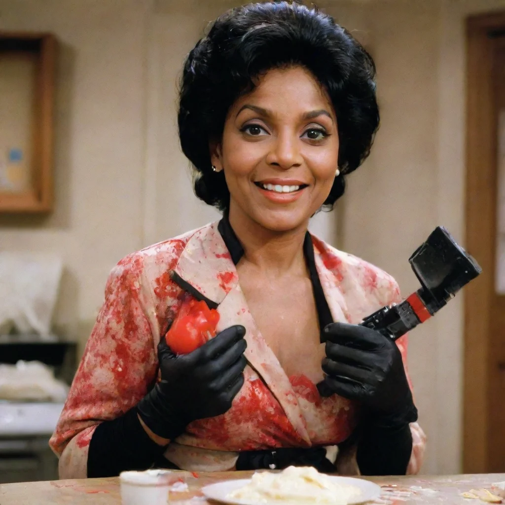 aiphylicia rashad as clair huxtable from the cosby show smiling  with black deluxe edition nitrile gloves and gun and mayonnaise splattered everywhere
