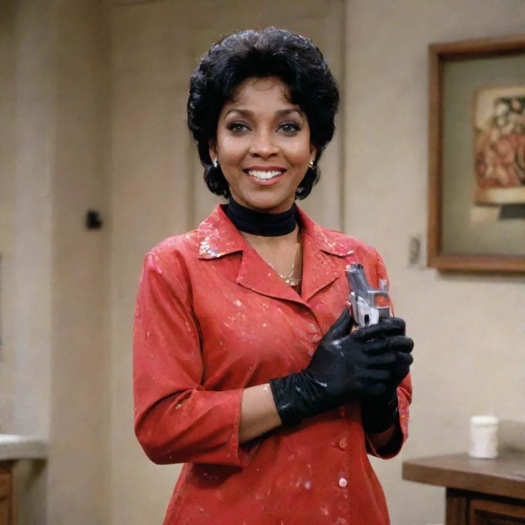 aiphylicia rashad as clair huxtable from the cosby show smiling  with black deluxe nitrile gloves and gun and mayonnaise splattered everywhere
