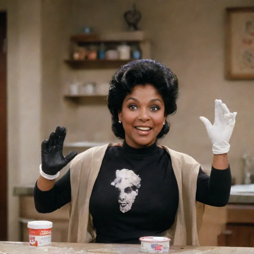 aiphylicia rashad as clair huxtable from the cosby show smiling  with black medical nitrile gloves and gun and mayonnaise splattered everywhere
