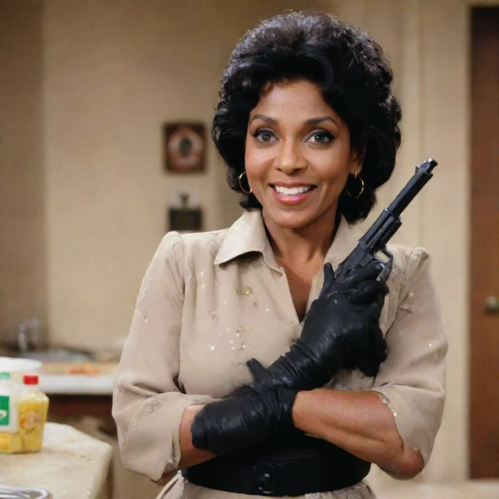 aiphylicia rashad as clair huxtable from the cosby show smiling  with black nice nitrile gloves and gun and mayonnaise splattered everywhere