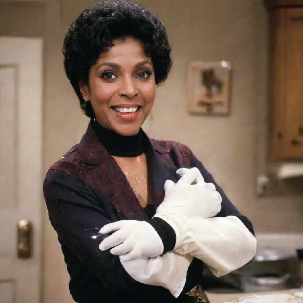 aiphylicia rashad as clair huxtable from the cosby show smiling  with black nitrile gloves and gun and mayonnaise splattered everywhere