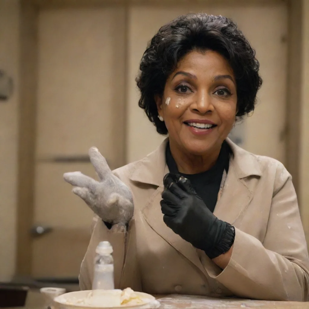 aiphylicia rashad from creed movie smiling  with black nice nitrile gloves and gun and mayonnaise splattered everywhere