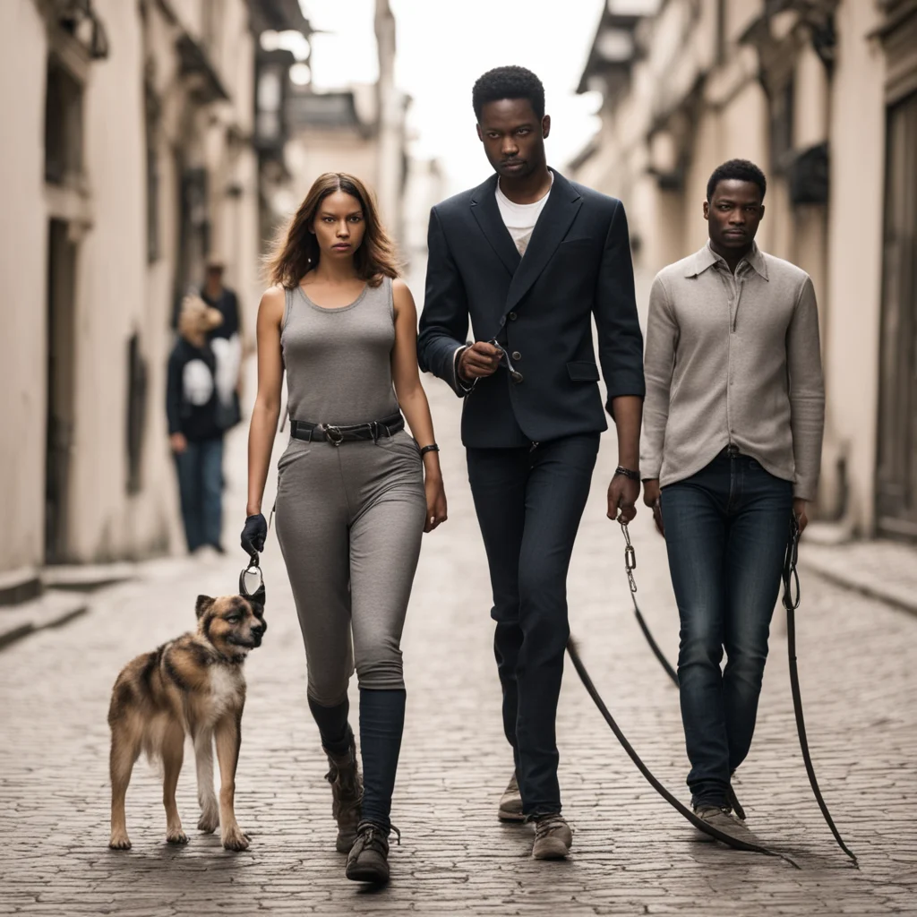 aipicture of a woman walking a male slave with a dog leash in a world where women are superior