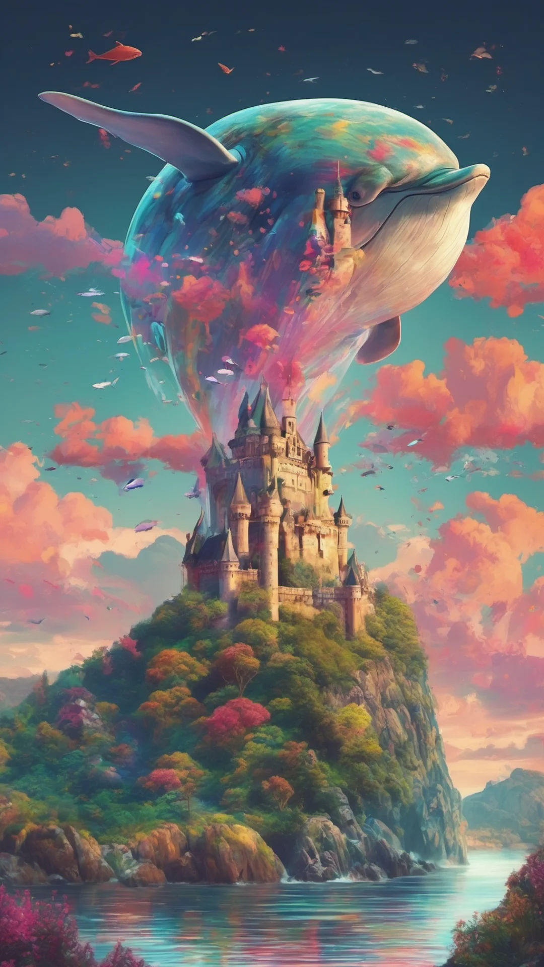 picturesque landscape  beautiful colorful tones bay of islands grace stunning castle flying whale with colorful planet rising amazing awesome portrait 2 tall