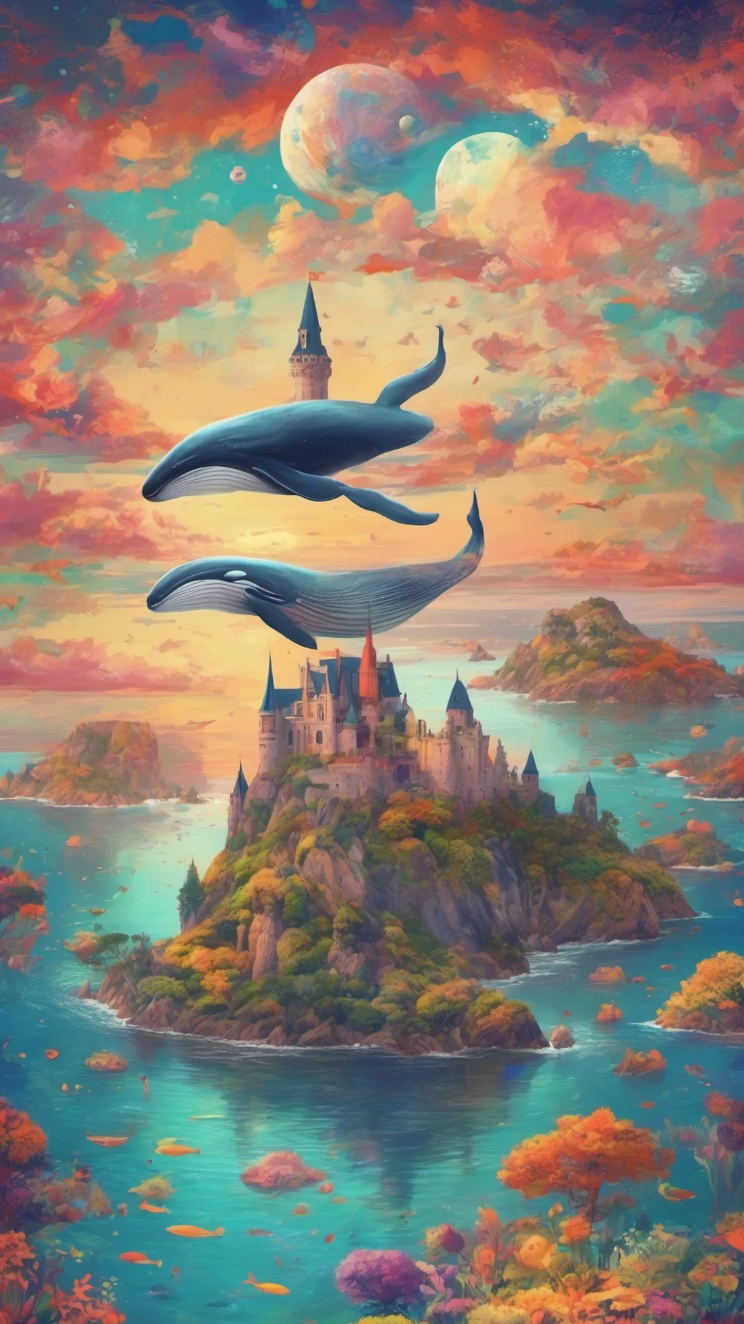picturesque landscape  beautiful colorful tones bay of islands grace stunning castle flying whale with colorful planet rising confident engaging wow artstation art 3 tall