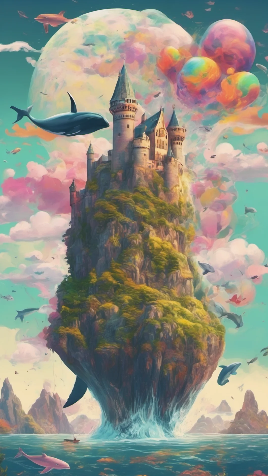 picturesque landscape  beautiful colorful tones bay of islands grace stunning castle flying whale with colorful planet rising good looking trending fantastic 1 tall
