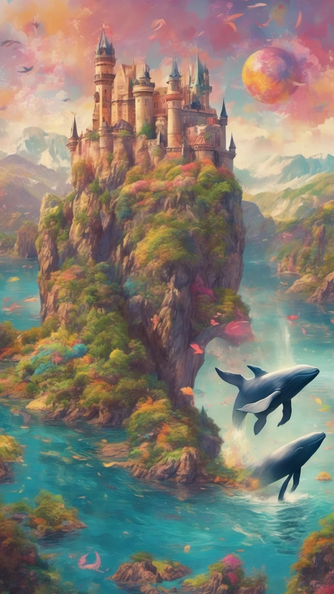 picturesque landscape  beautiful colorful tones bay of islands grace stunning castle flying whale with colorful planet rising tall