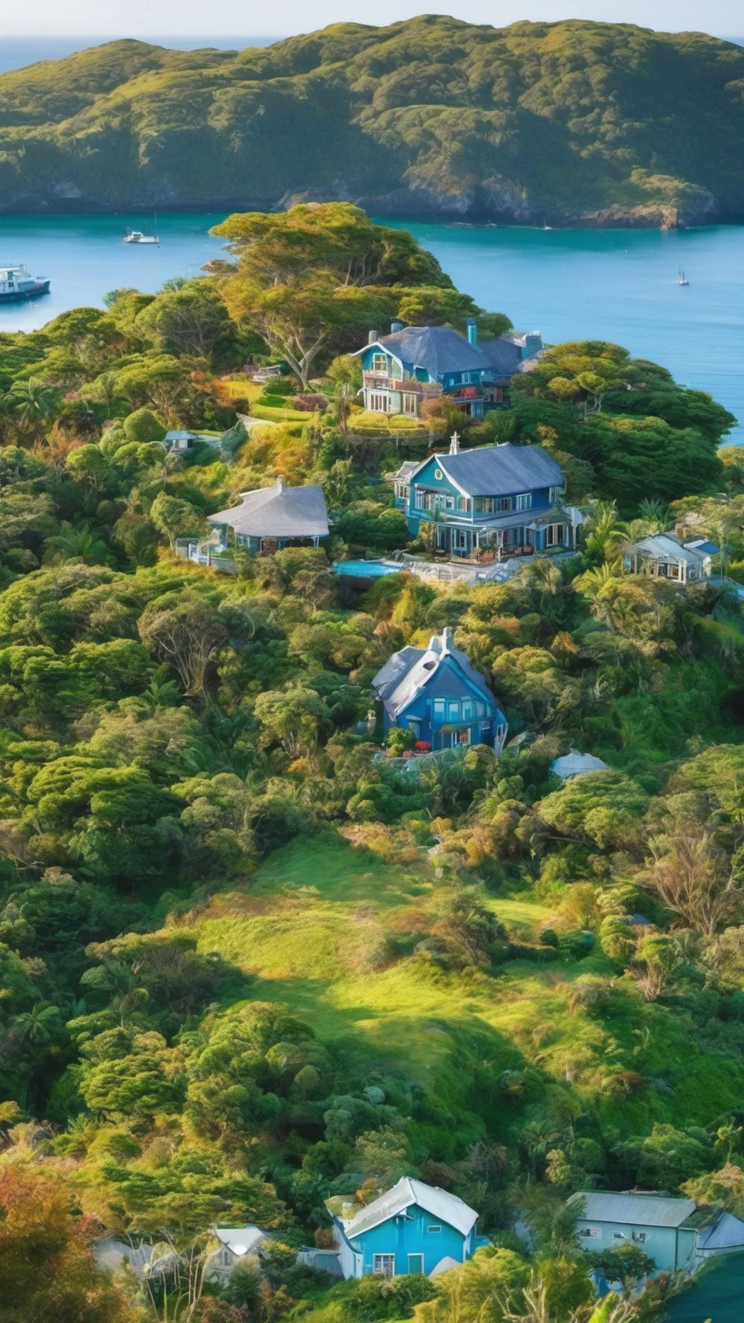 aipicturesque landscape  beautiful colorful tones bay of islands grace stunning cottage with colorful green and blue earth like planet rising amazing awesome portrait 2 tall