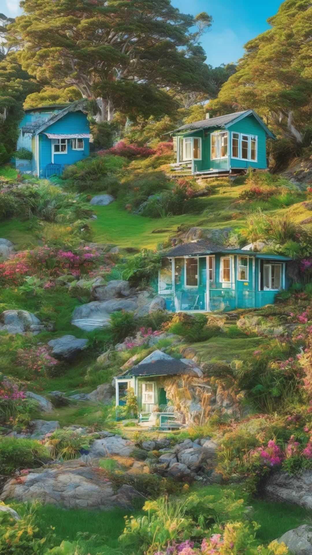 aipicturesque landscape  beautiful colorful tones bay of islands grace stunning cottage with colorful green and blue earth like planet rising tall