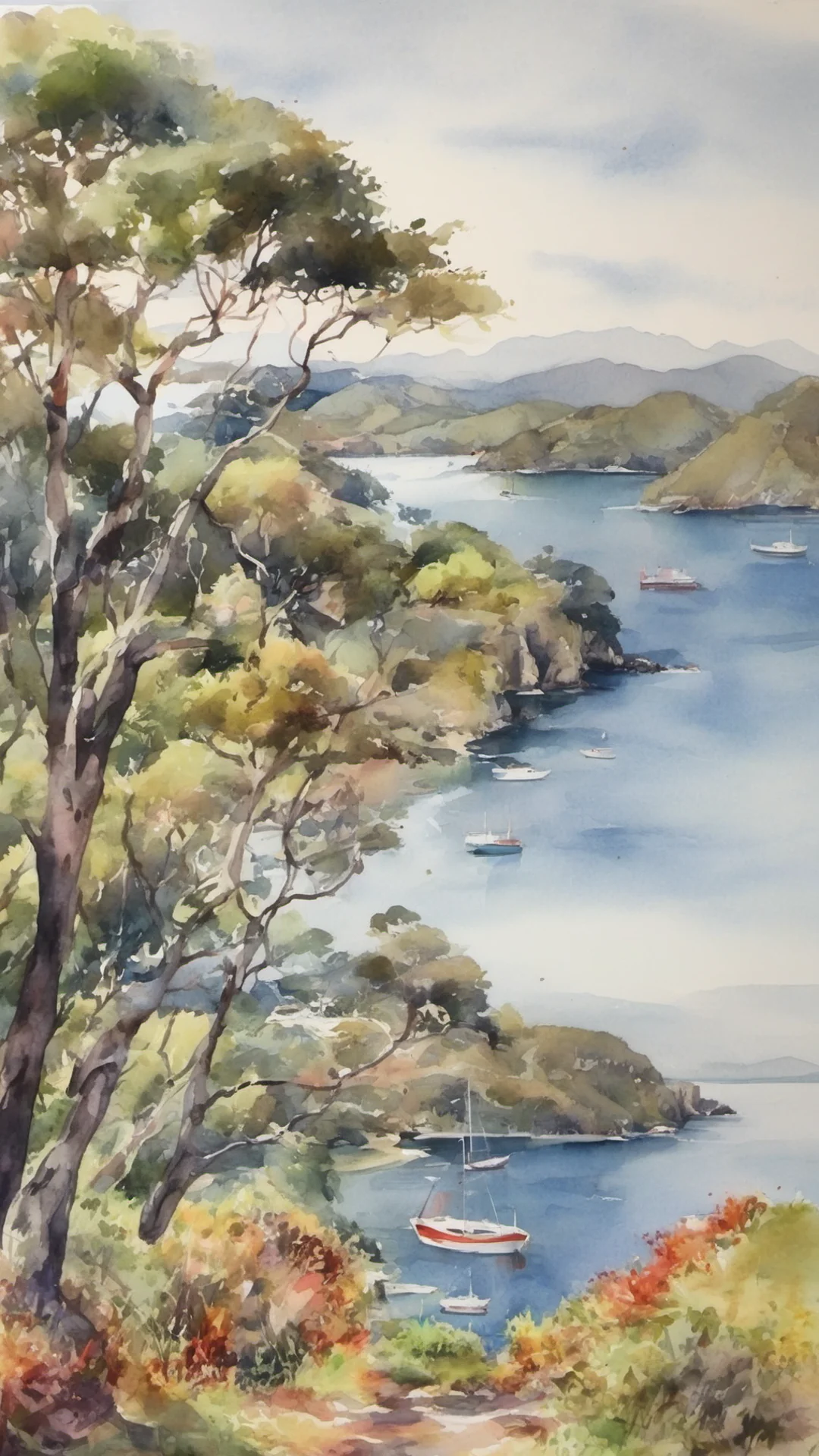 aipicturesque landscape watercolor beautiful colorful tones bay of islands grace stunning amazing awesome portrait 2 tall
