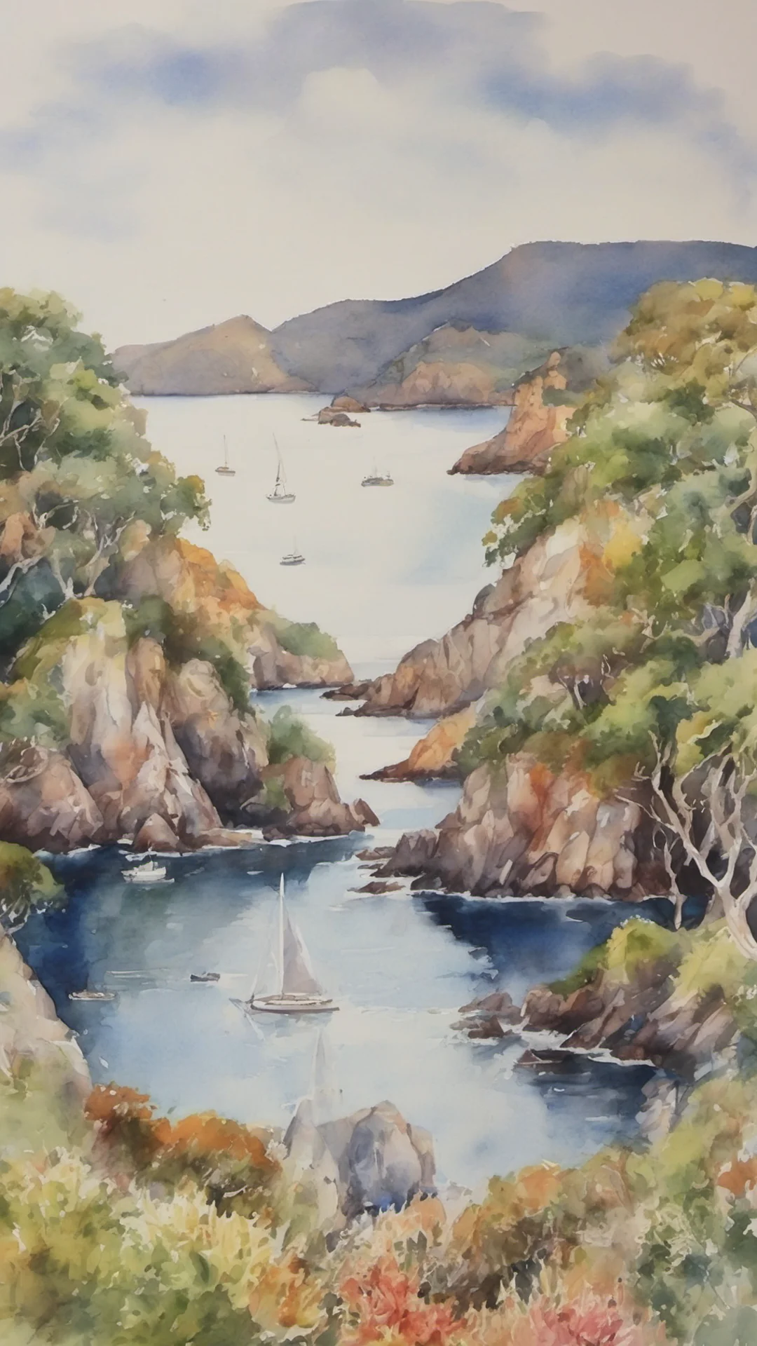 picturesque landscape watercolor beautiful colorful tones bay of islands grace stunning tall