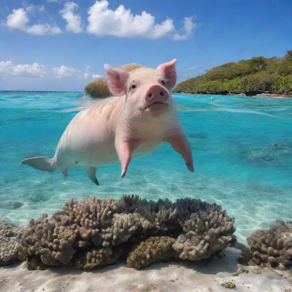 aipig on top dolphin near a coral reef by the beach