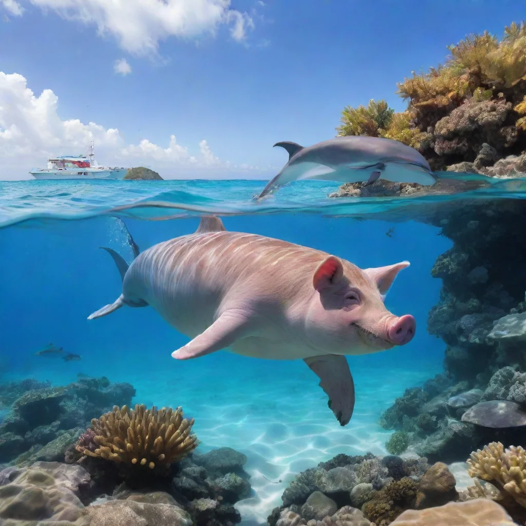 pig rides dolphin near a coral reef by the beach