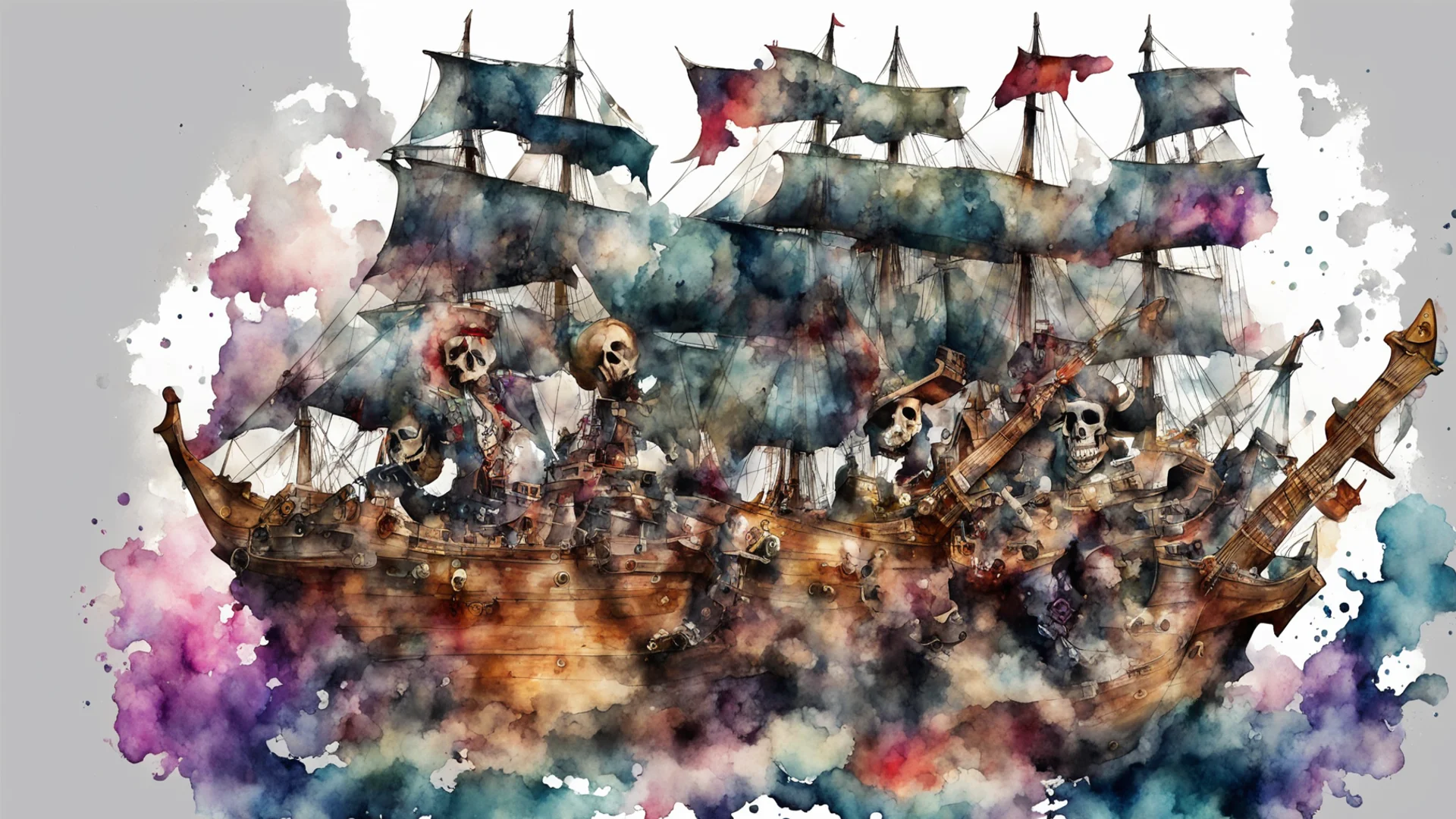 aipirate ship%2C skull%2C guitar playing punk pirates watercolor style amazing awesome portrait 2 wide