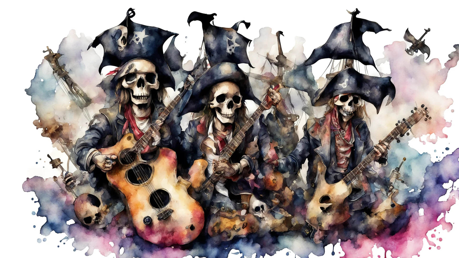 aipirate ship%2C skull%2C guitar playing punk pirates watercolor style confident engaging wow artstation art 3 wide