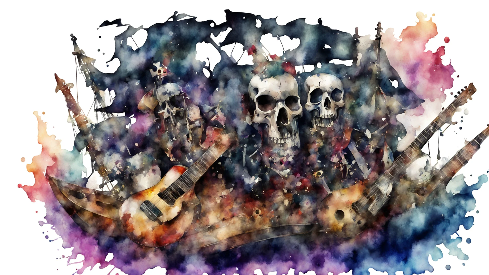 aipirate ship%2C skull%2C guitar playing punk pirates watercolor style good looking trending fantastic 1 wide