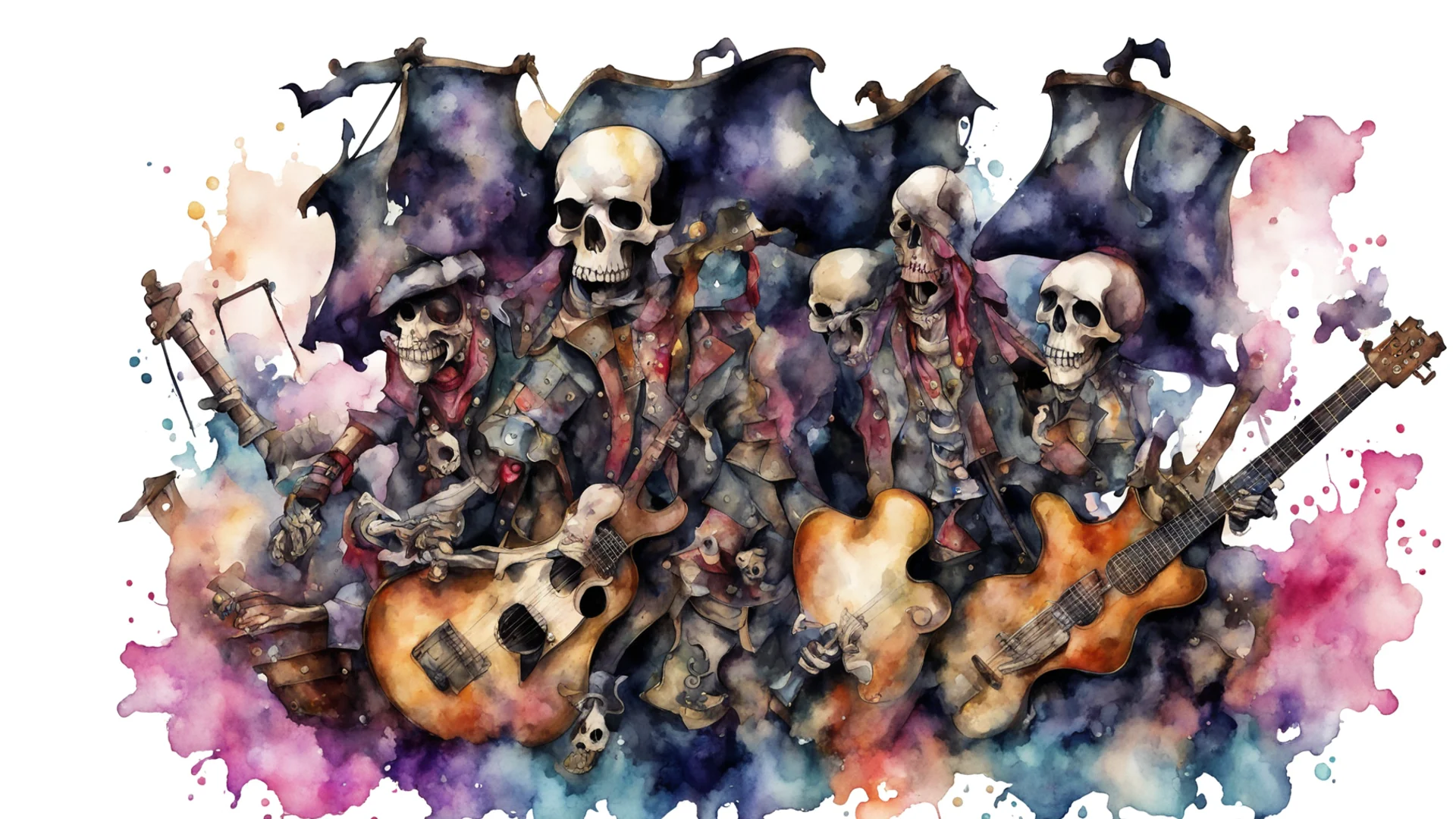 aipirate ship%2C skull%2C guitar playing punk pirates watercolor style wide
