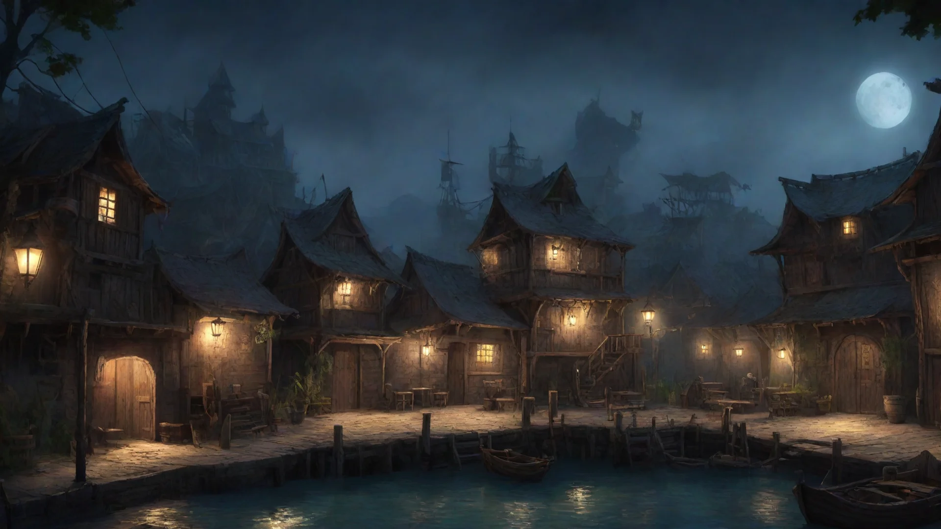 aipirate village by night concept art%2C pub%2C prison wide